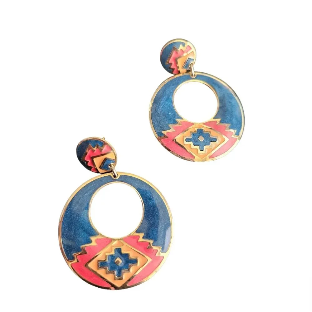 Vintage 1980s Southwestern Aztec Enamel Geometric Style Dangle Earrings